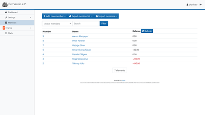 Member list showing member account balances